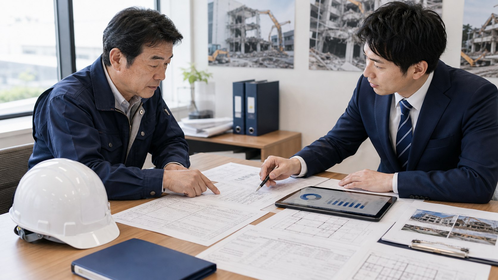 解体会社の売却相談で許認可資料や図面を確認するオーナーとM&A担当者