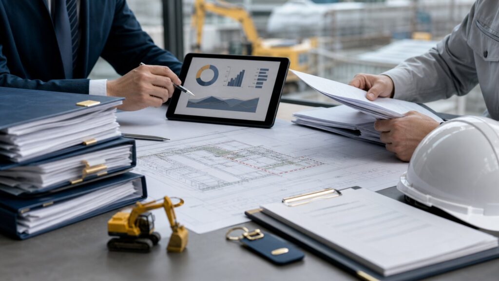 許認可資料、図面、タブレットを確認する解体会社M&Aの資料整理